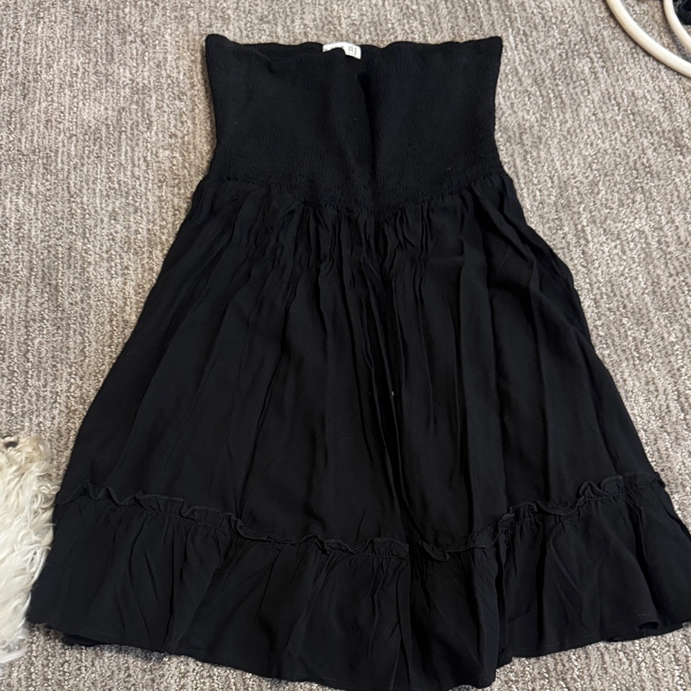Black Strapless Smocked Bodice Ruffle Hem Dress